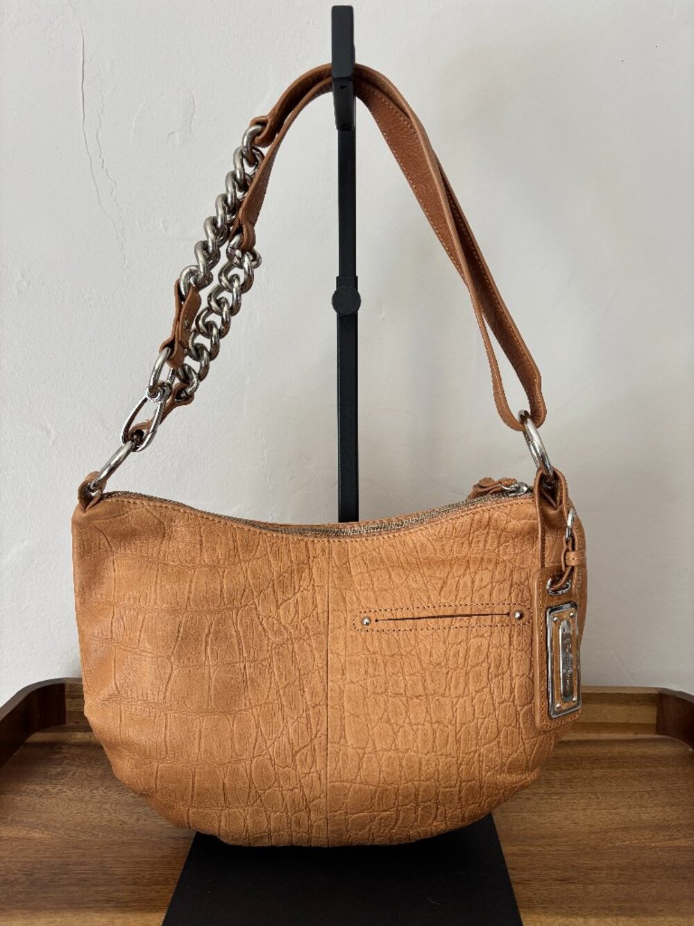B Makowsky Tan Leather Croc Embossed Shoulder Crossbody Bag